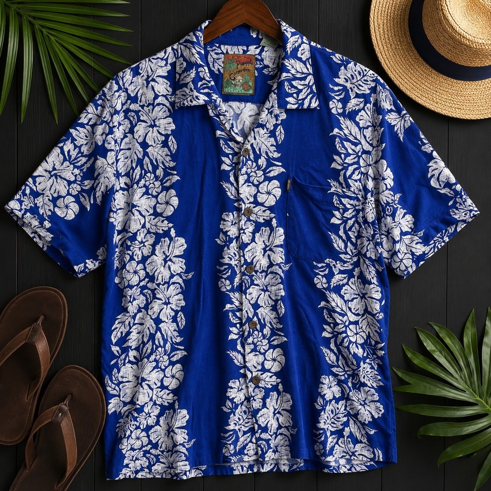 Pineapple Connection Mens M Hawaiian Shirt Blue White Hibiscus Tropical island